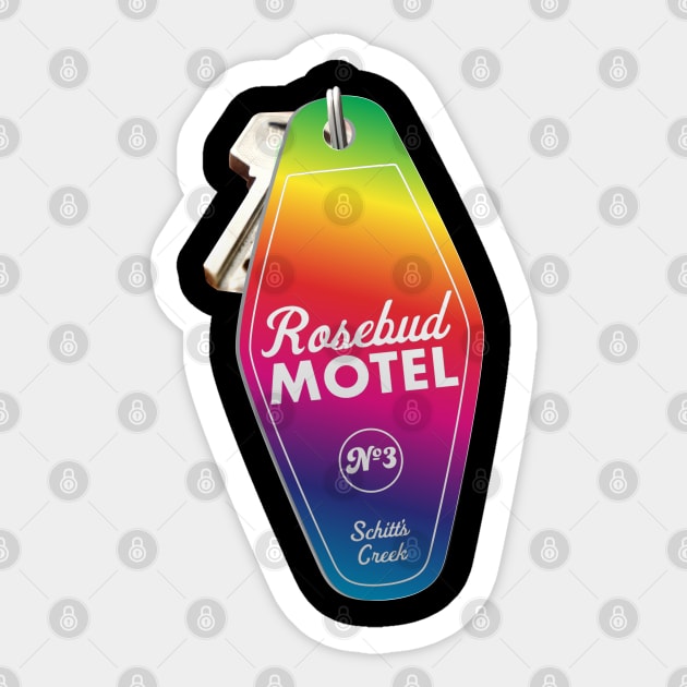 Schitt's Creek Rosebud Motel Key Tag, Retro design in Pride Flag Rainbow colors Sticker by YourGoods